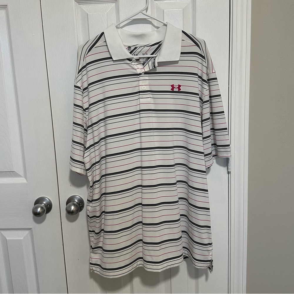 Under Armour Men's Polo Shirt - White with Black and Red Stripes